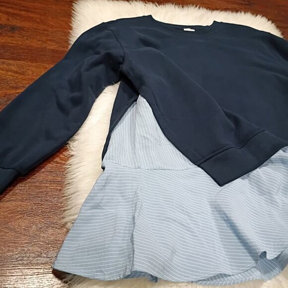 Maeve Navy Sweatshirt Dress Blue Striped Ruffle Hem Womens S Cotton Blend - Picture 3 of 11